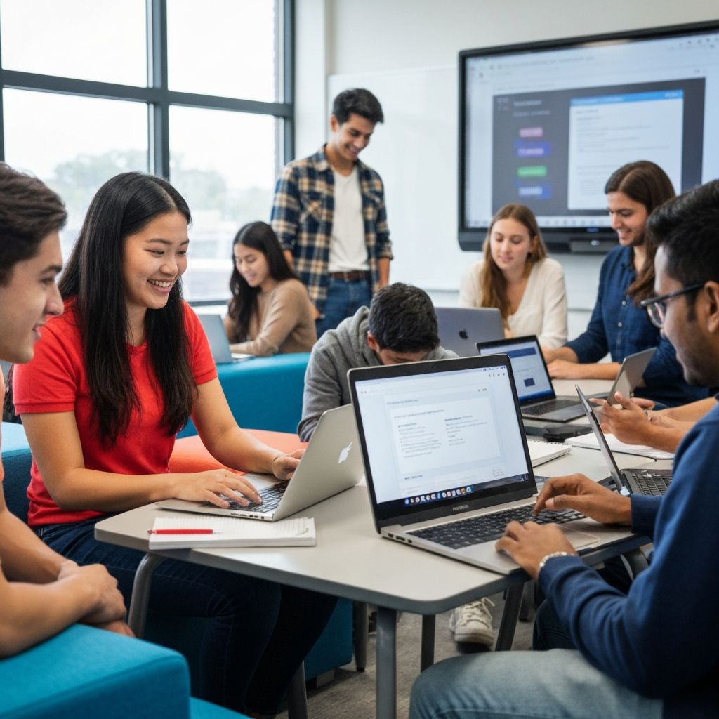 Studenten met en zonder beperking werken samen aan een digitale leertaak.